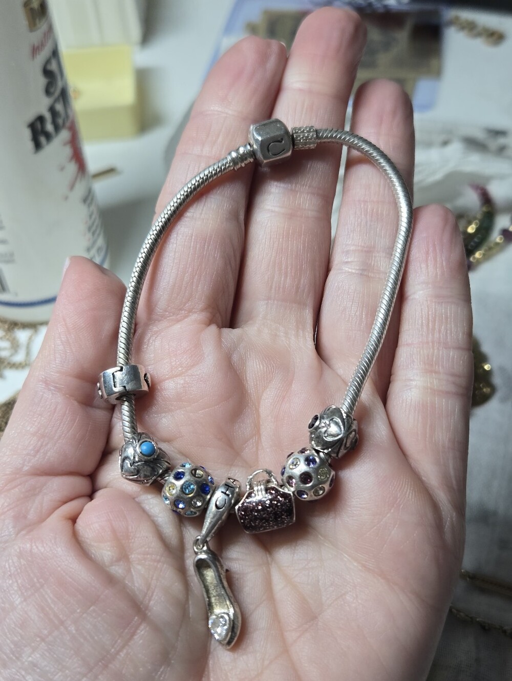 Sterling Silver Charm Bracelet with Purple & Blue Accents